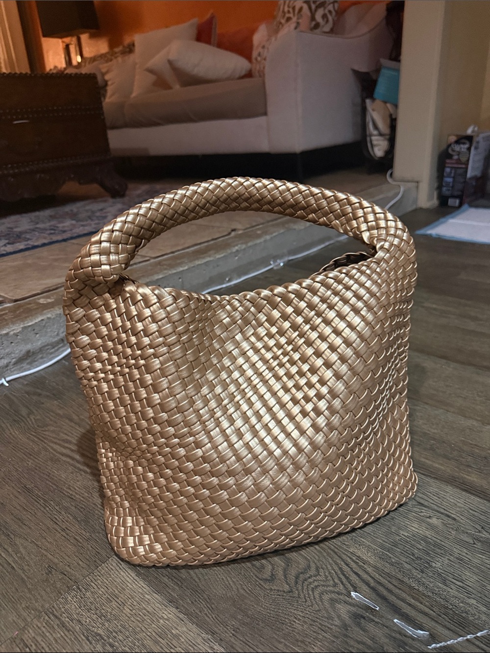 Woven Handle Tote Bag in Metallic plastic Gold